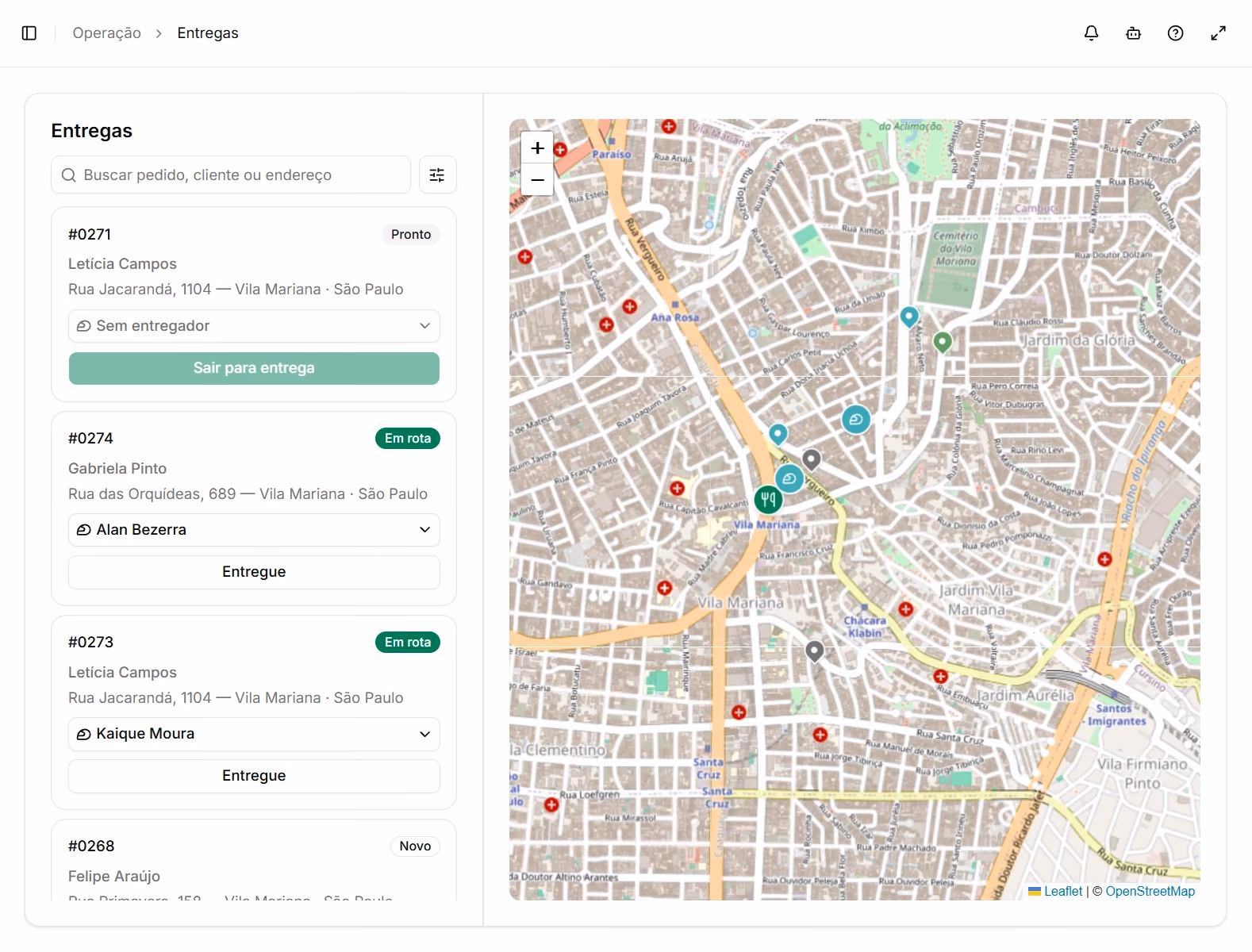 Entregas de uma pizzaria em lista e no mapa, com entregador e status de cada pedido.