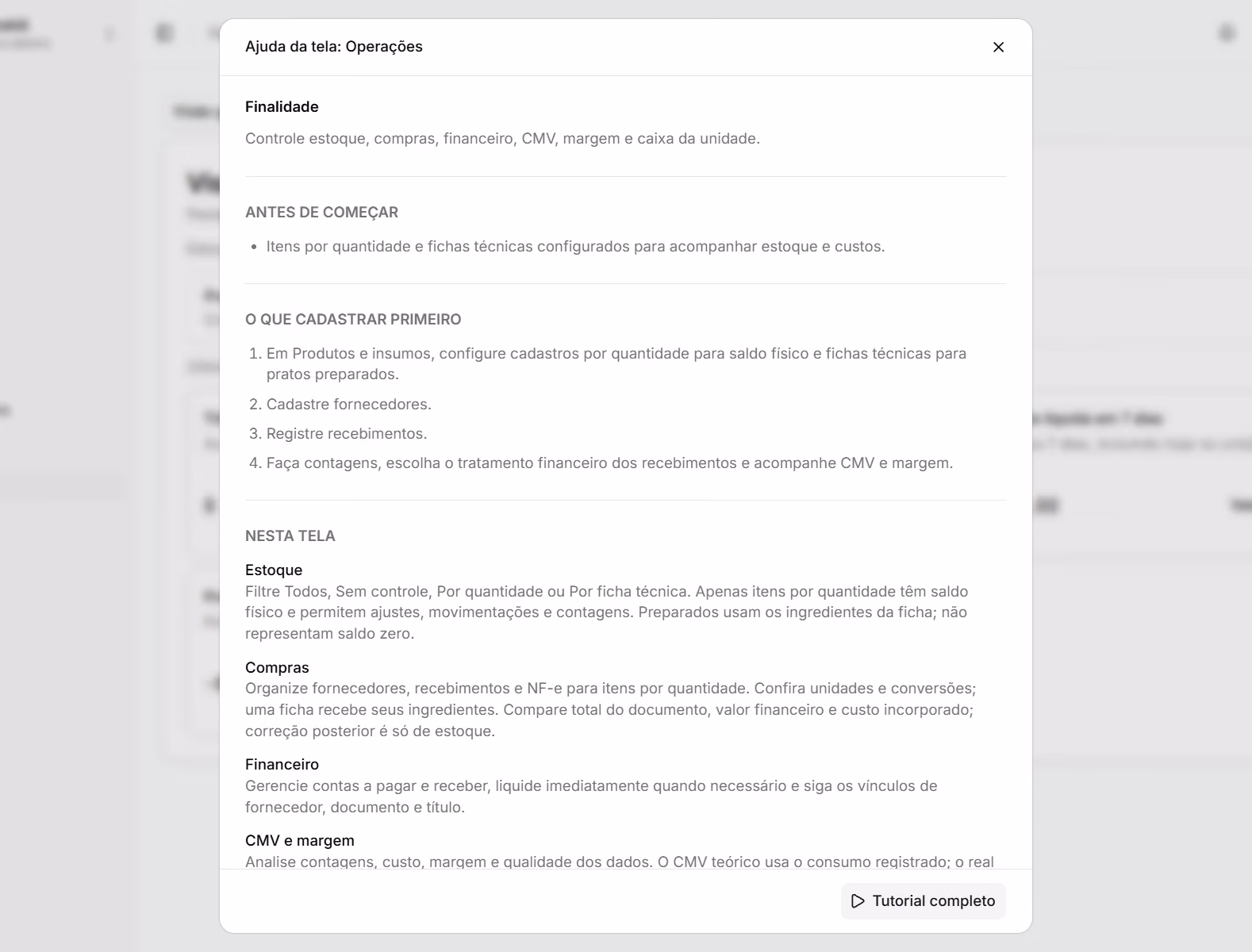 Ajuda da tela de operações com finalidade, primeiros cadastros e acesso ao tutorial completo.
