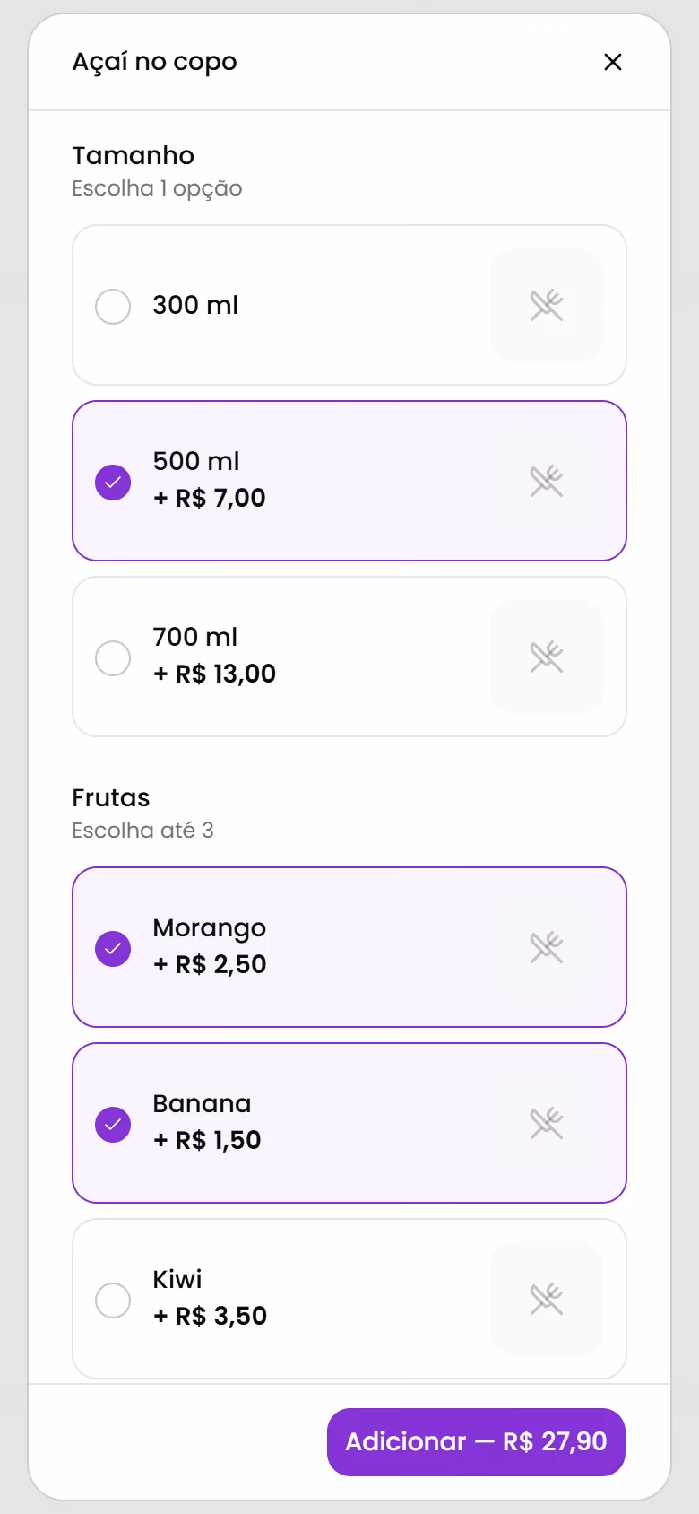 Montagem de um açaí no copo com escolha de tamanho e adicionais com preço.