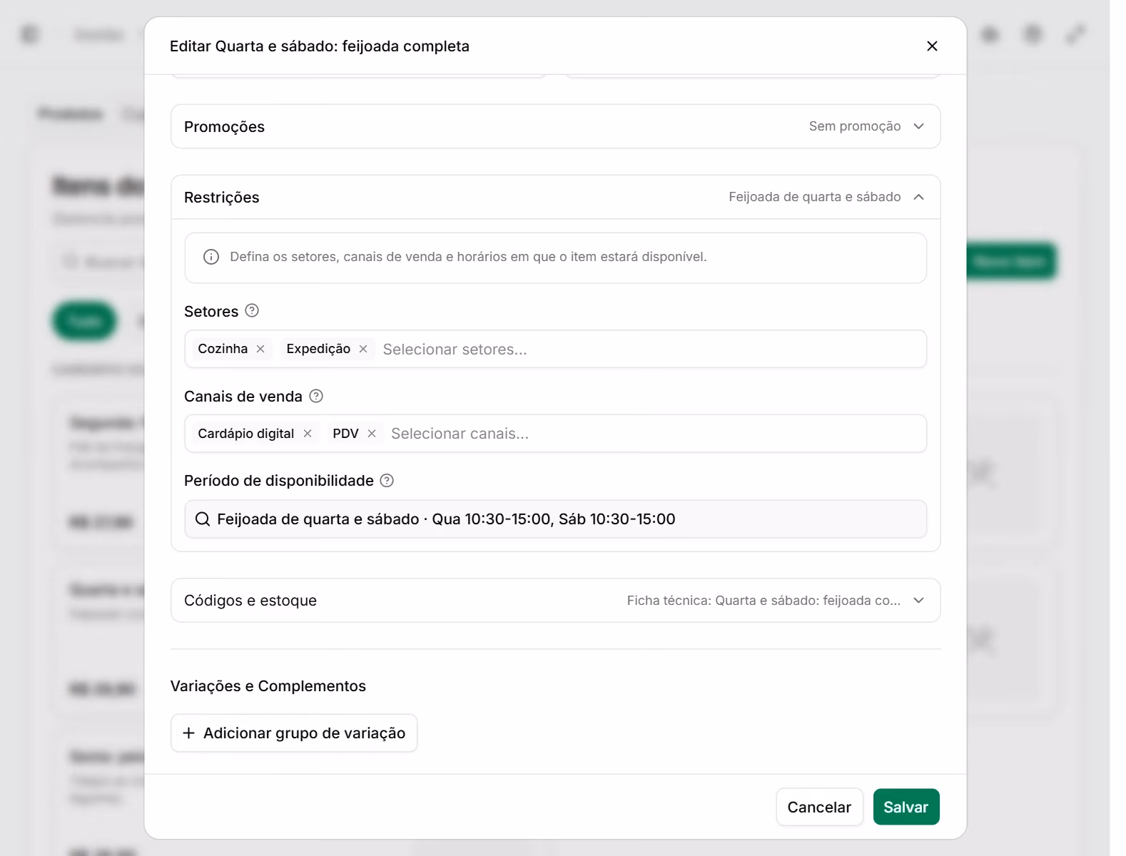 Cadastro de um prato com setores de preparo, canais de venda e período de disponibilidade de quarta e sábado.