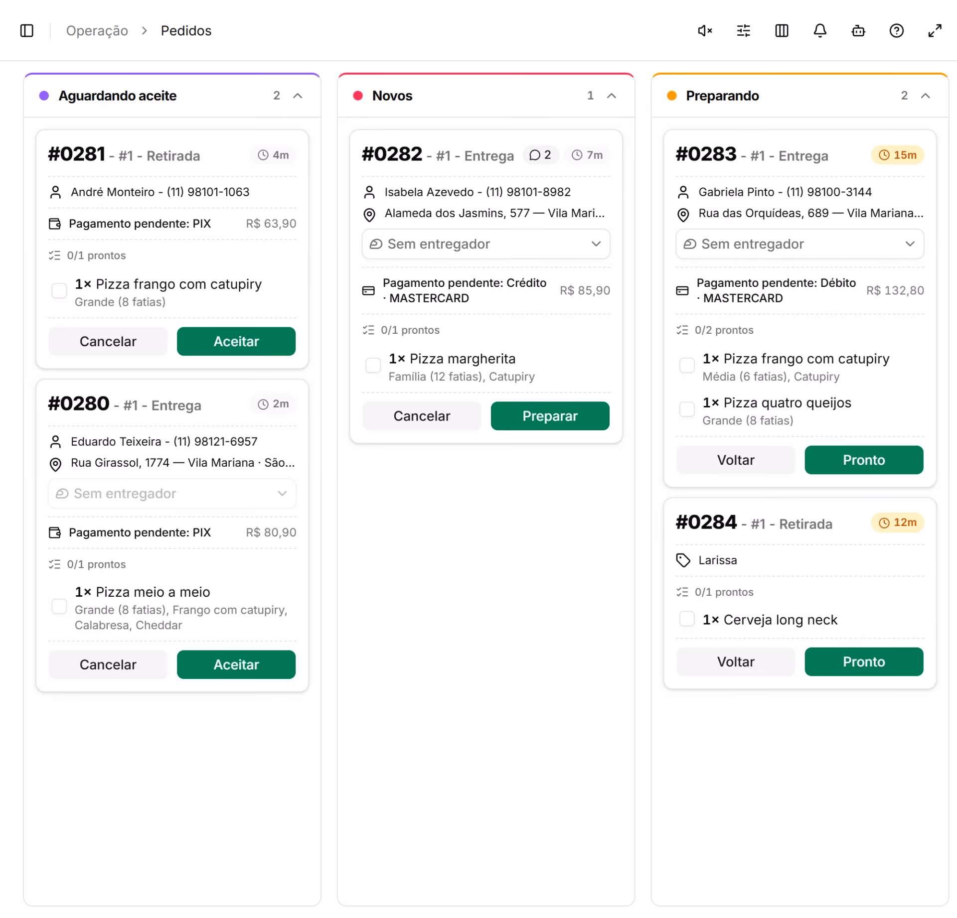 KDS de uma pizzaria com as colunas aguardando aceite, novos e preparando, com tempo, itens e pagamento de cada pedido.