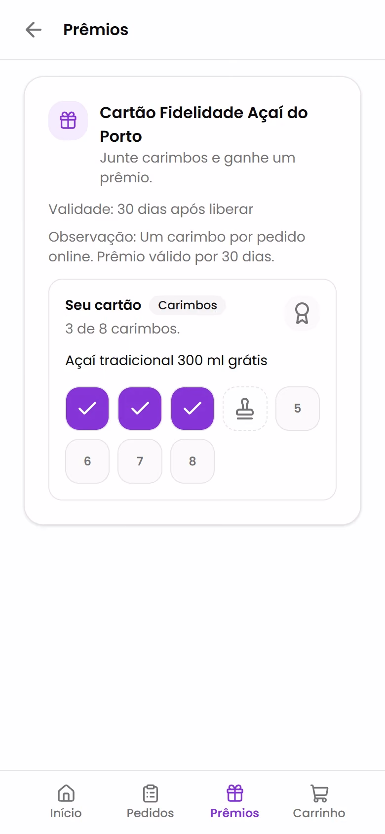 Página de prêmios com cartão fidelidade de carimbos e recompensa ao completar.
