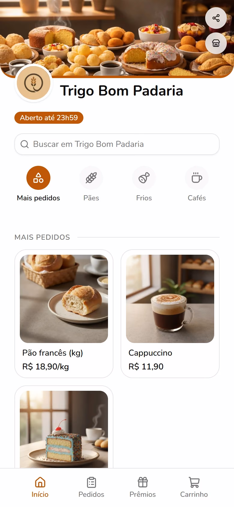 Cardápio digital de uma padaria com a cor, a fonte e o logo da marca.