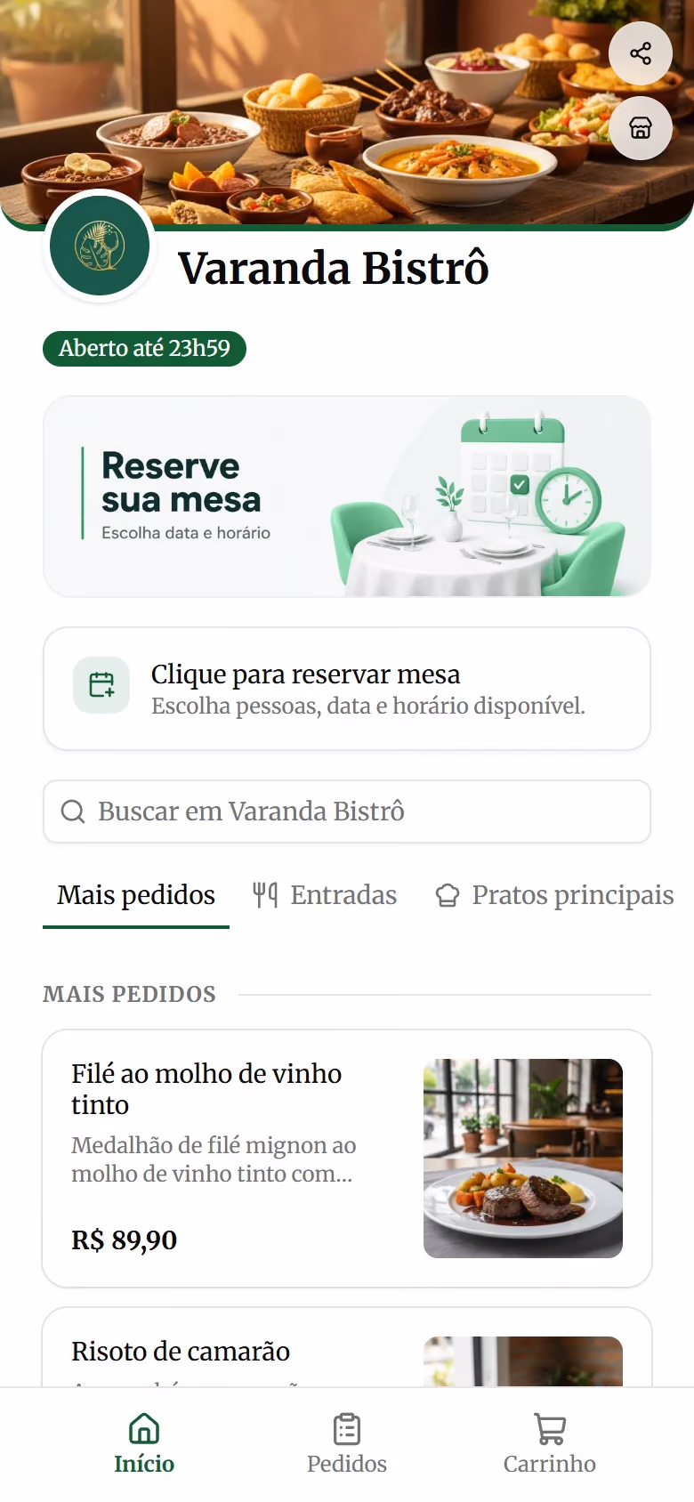 Cardápio digital de um bistrô com banner de reserva de mesa.