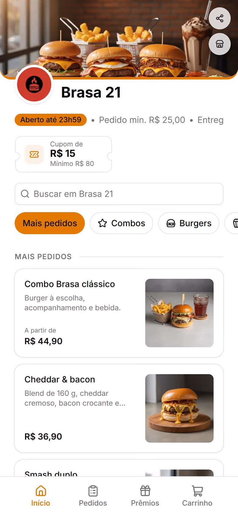 Cardápio digital de uma hamburgueria com combos, lanches e a cor da marca.