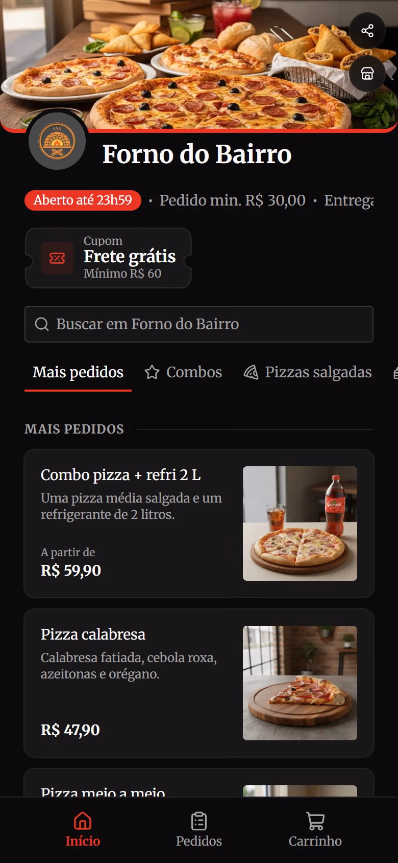 Cardápio digital de uma pizzaria em modo escuro, com a cor da marca.