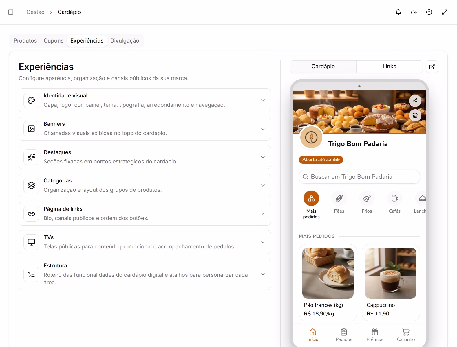 Editor de experiência do cardápio com identidade visual, banners e prévia no celular.