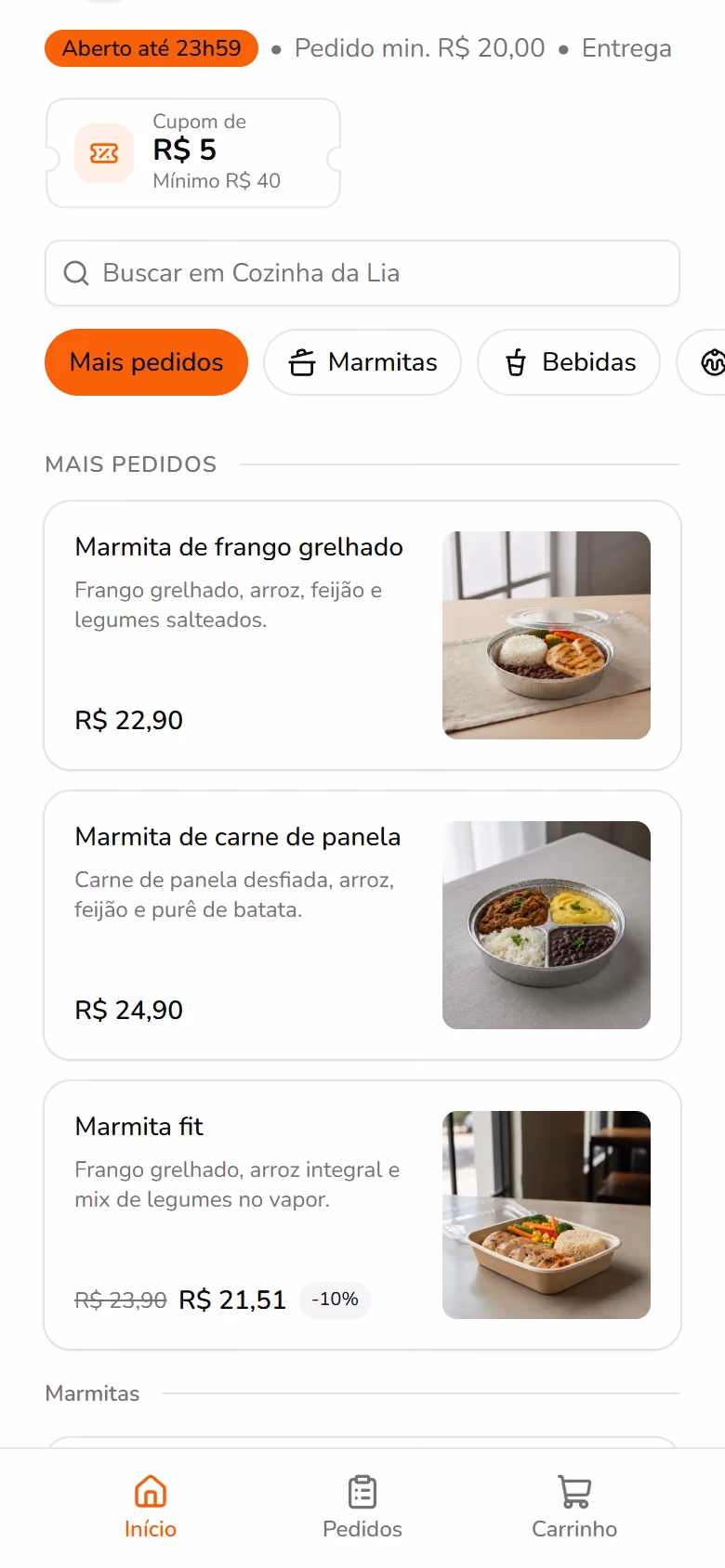 Cardápio digital de uma marmitaria com produtos em cards horizontais.