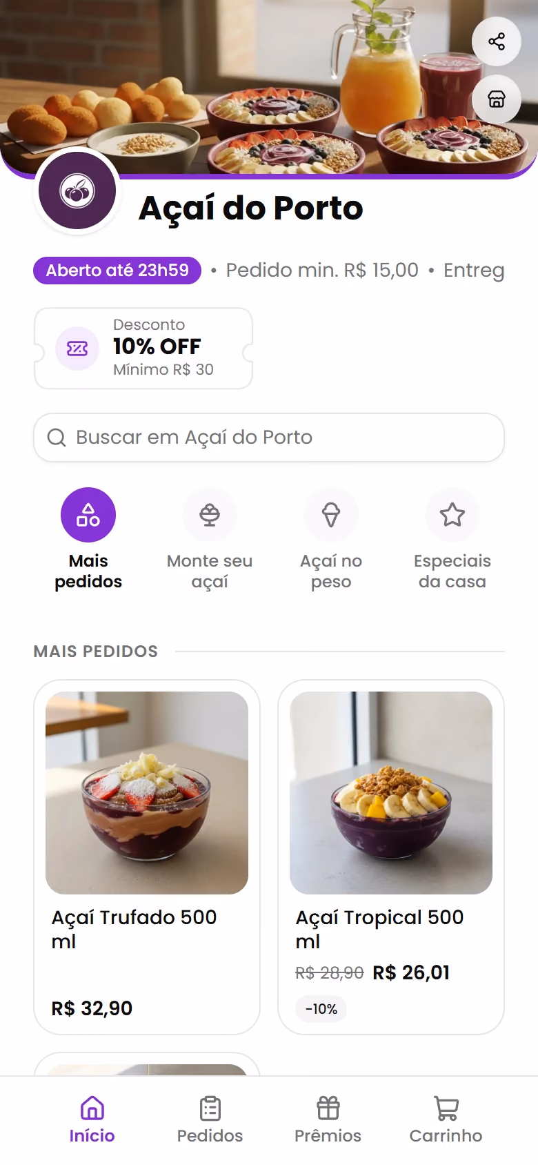 Cardápio digital de uma açaiteria em roxo, com capa, categorias e produtos em cards com foto.