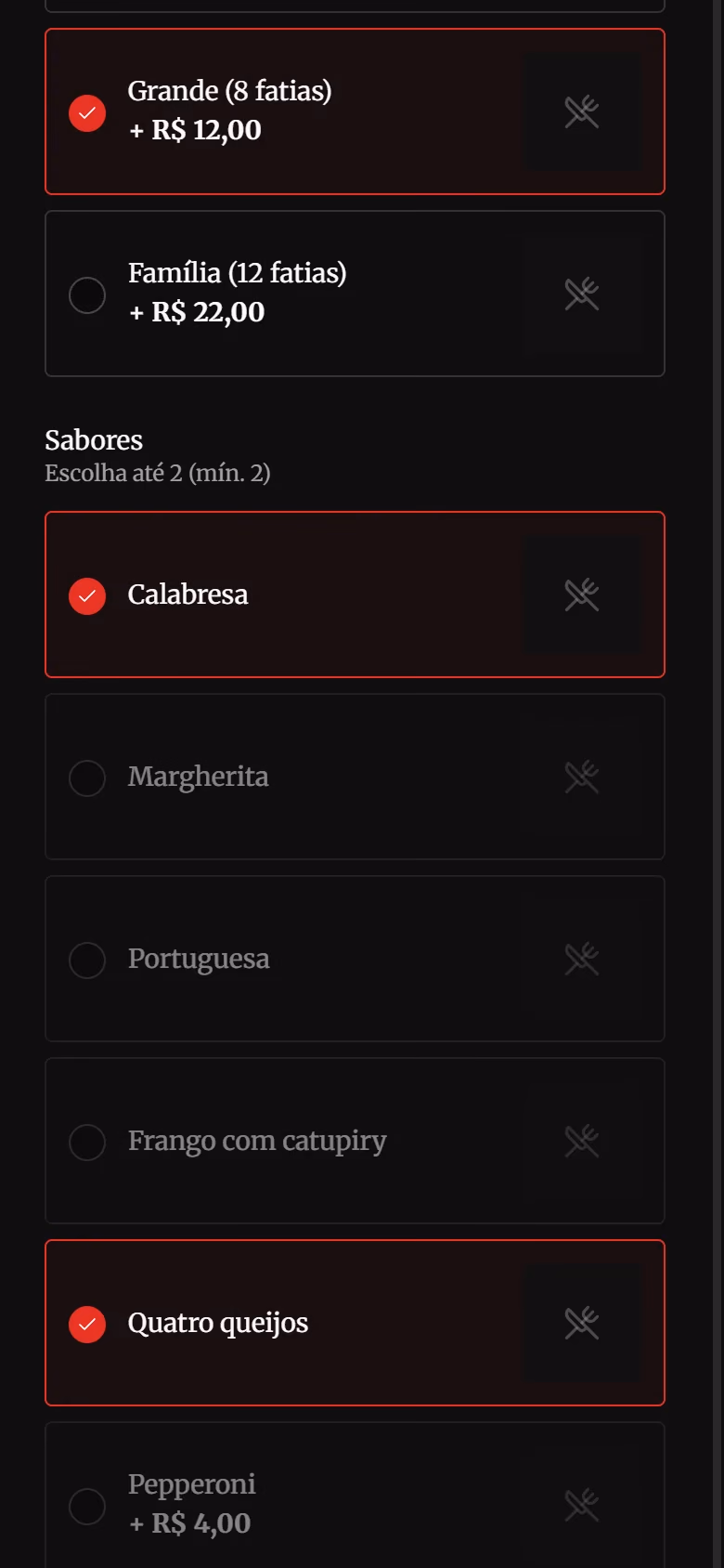 Montagem de uma pizza no cardápio digital com tamanho, sabores e borda.