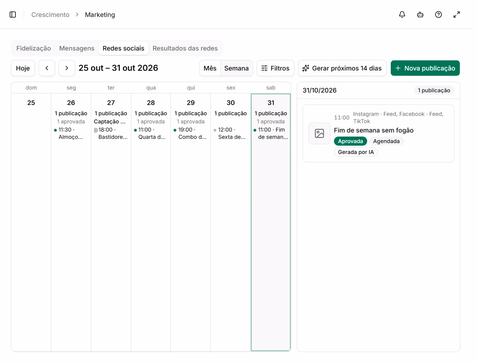 Calendário semanal de redes sociais de uma marmitaria, com posts aprovados e agendados para Instagram, Facebook e TikTok.