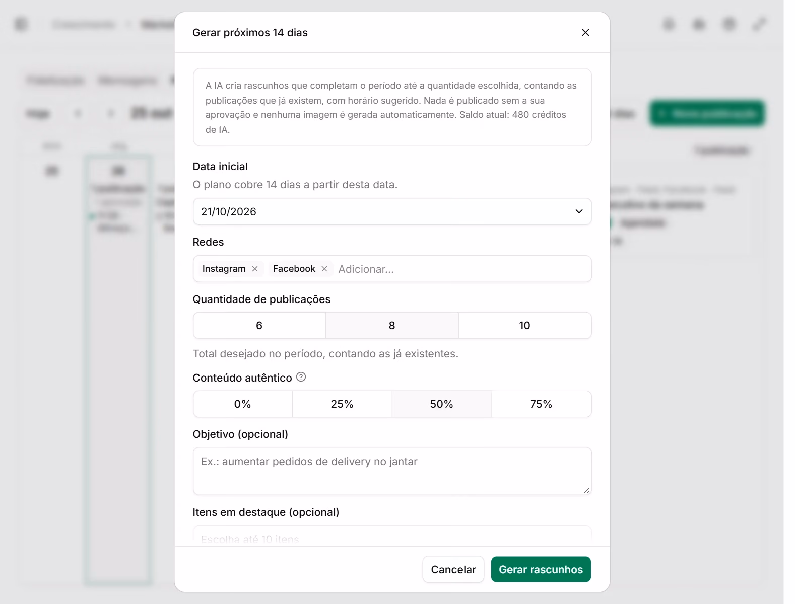 Planejador com IA dos próximos 14 dias, com redes, quantidade de posts e proporção de conteúdo autêntico.