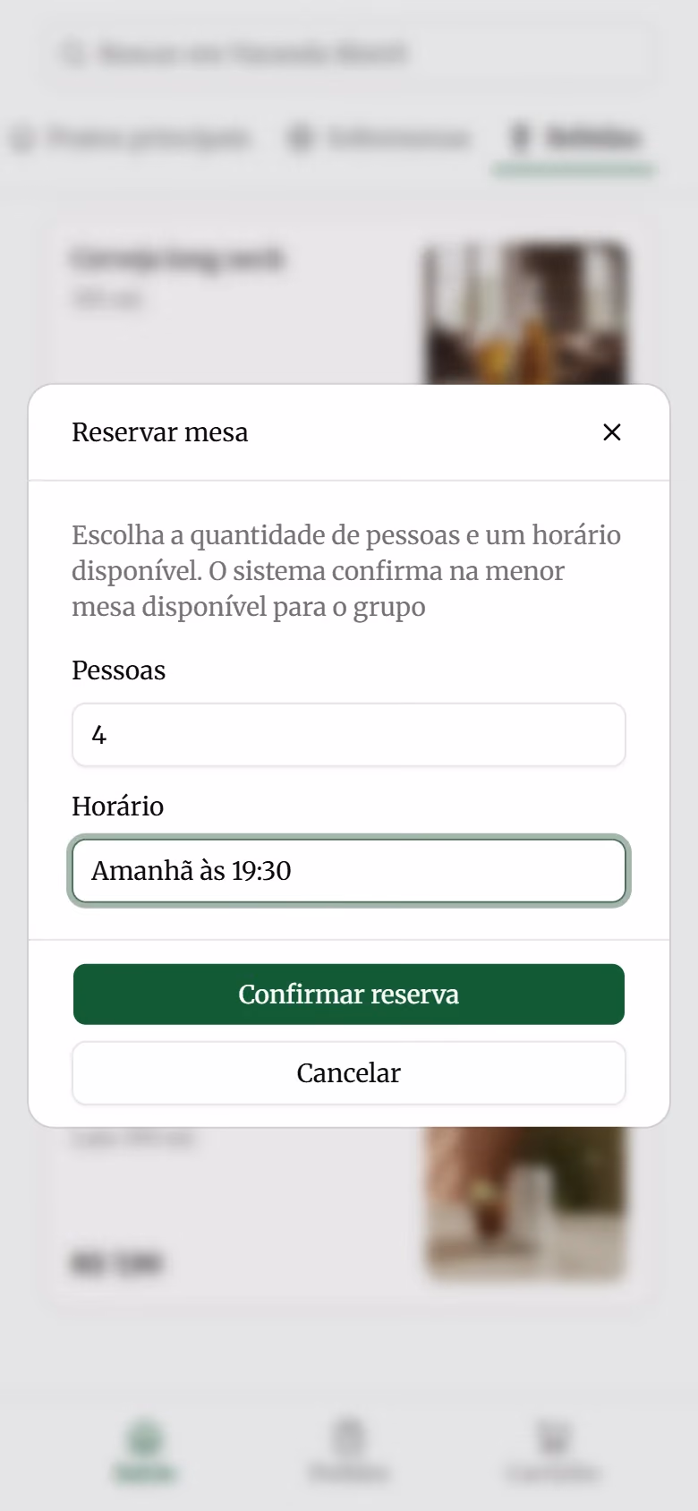 Reserva de mesa pelo cardápio digital para quatro pessoas, amanhã às 19h30.